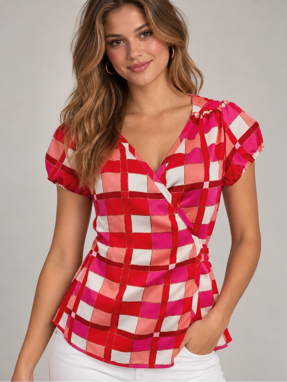 Banana Republic pink/orange plaid wrap top